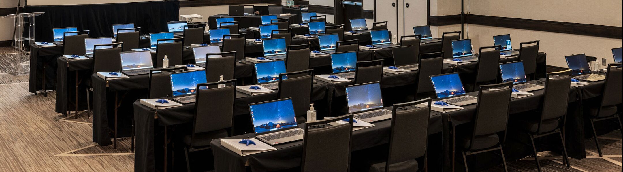 Computer lab rental setup with workstations